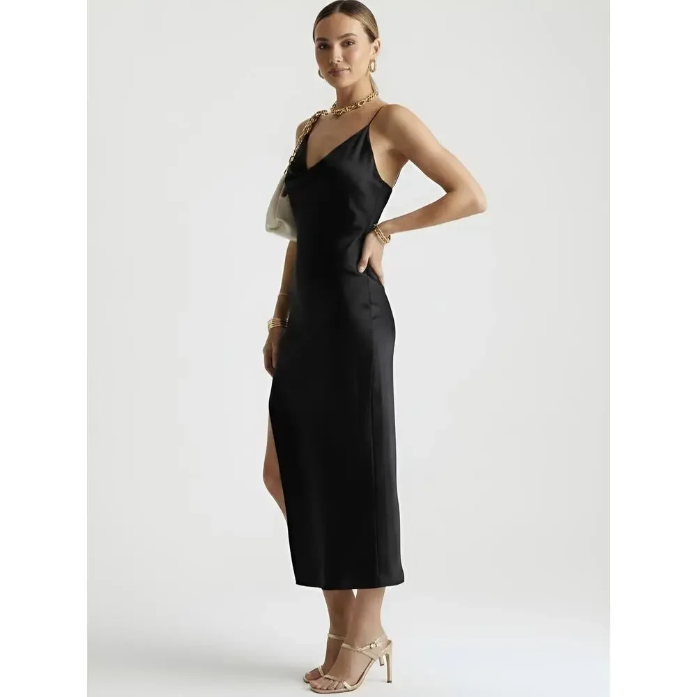 NWT Zara Ruched Side Satin Effect Midi Slip Dress Black XS